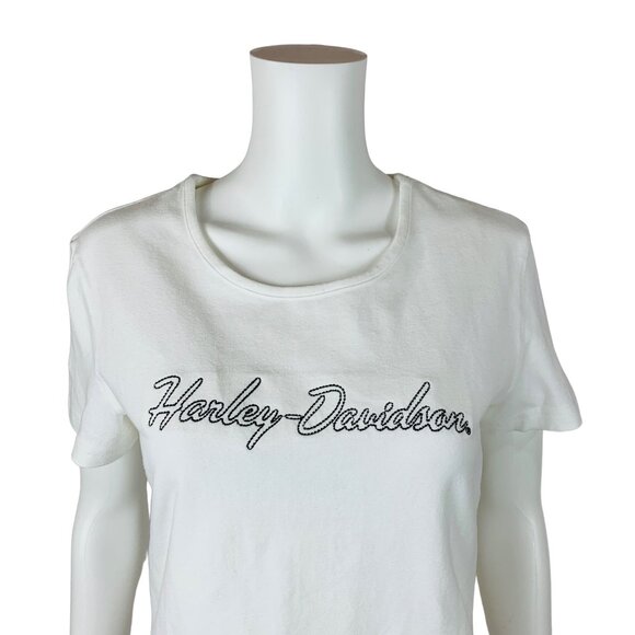 Harley Davidson Tops - Harley Davidson White Baby Tee Womens Large Y2K Black Embroidered Logo Stretch